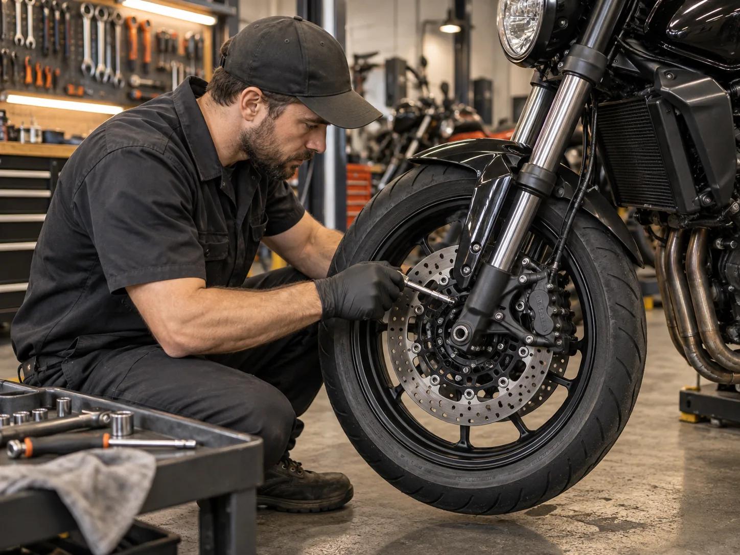 Mecânico inspecionando a roda e o freio de uma motocicleta